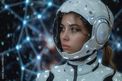 Futuristic astronaut woman in sleek space suit gazing thoughtfully into the cosmos with digital background