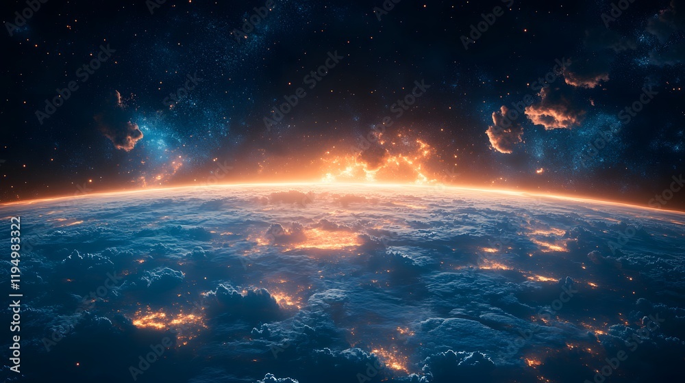 Fototapeta premium A breathtaking view of Earth’s horizon from outer space, with glowing clouds and a cosmic backdrop.