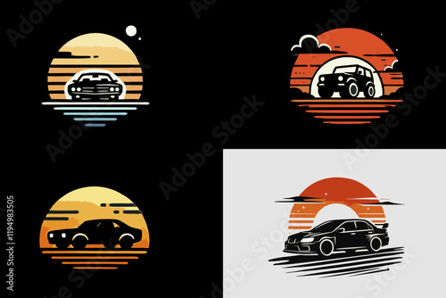 vector image of a black city sports car with a sunset background suitable for logo design for car groups, communities, t-shirt designs, banners, murals, business cards, book covers, carpets, calendars