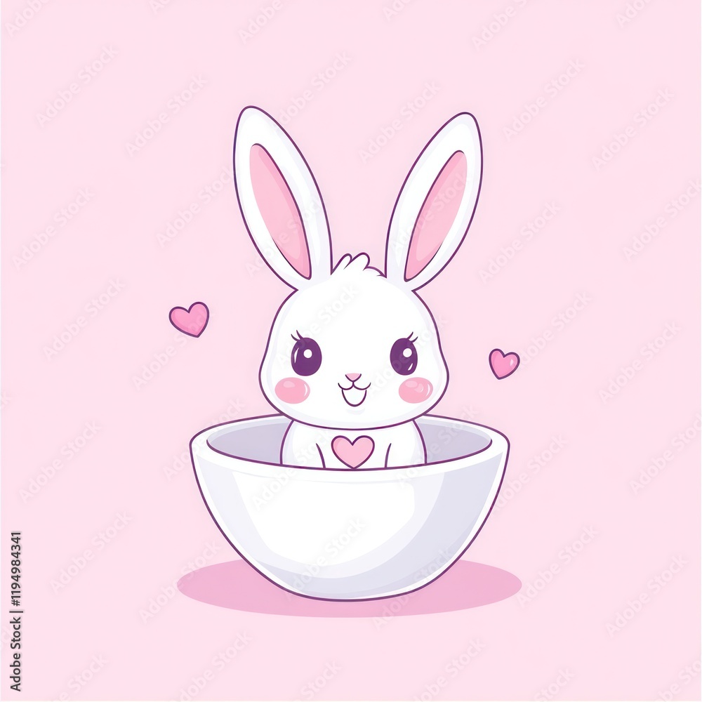 Cute bunny in bowl, pink background, Valentine's card design Cute bunny in bowl, pink background, Valentine's card design
