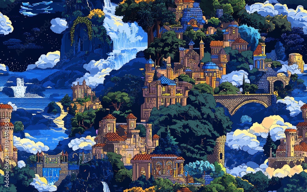 Obraz premium Fantasy landscape painting featuring majestic castles, waterfalls, and clouds. Ideal for fairytale, fantasy, or magical themes.