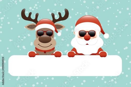 Gutschein Rentier Und Weihnachtsmann Sonnenbrille Textfeld Schnee Türkis Dunkelrot