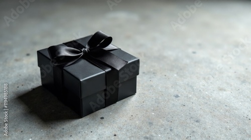 A sophisticated black gift box with a sleek satin ribbon, resting on a textured gray surface, conveys elegance and mystery