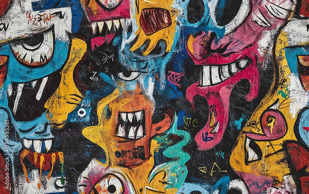 Obraz premium Vibrant, psychedelic graffiti art featuring grotesque, cartoonish faces and abstract shapes. Bold colors and expressive lines create a dynamic, energetic composition.
