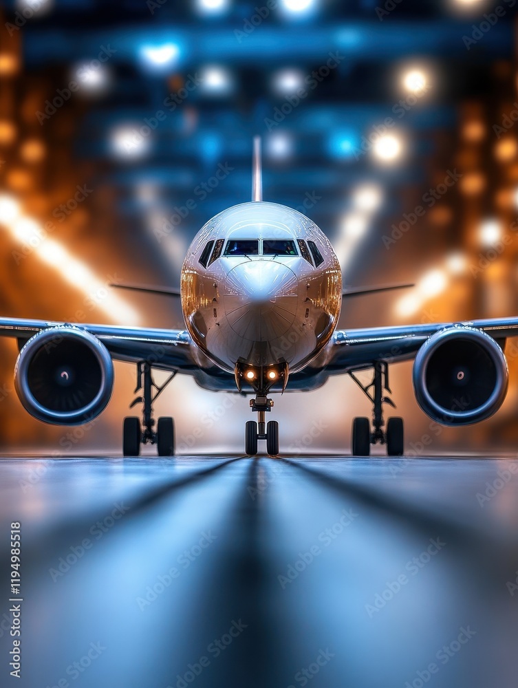 Fototapeta premium Airplane on Runway with Bright Lights in Background at Night