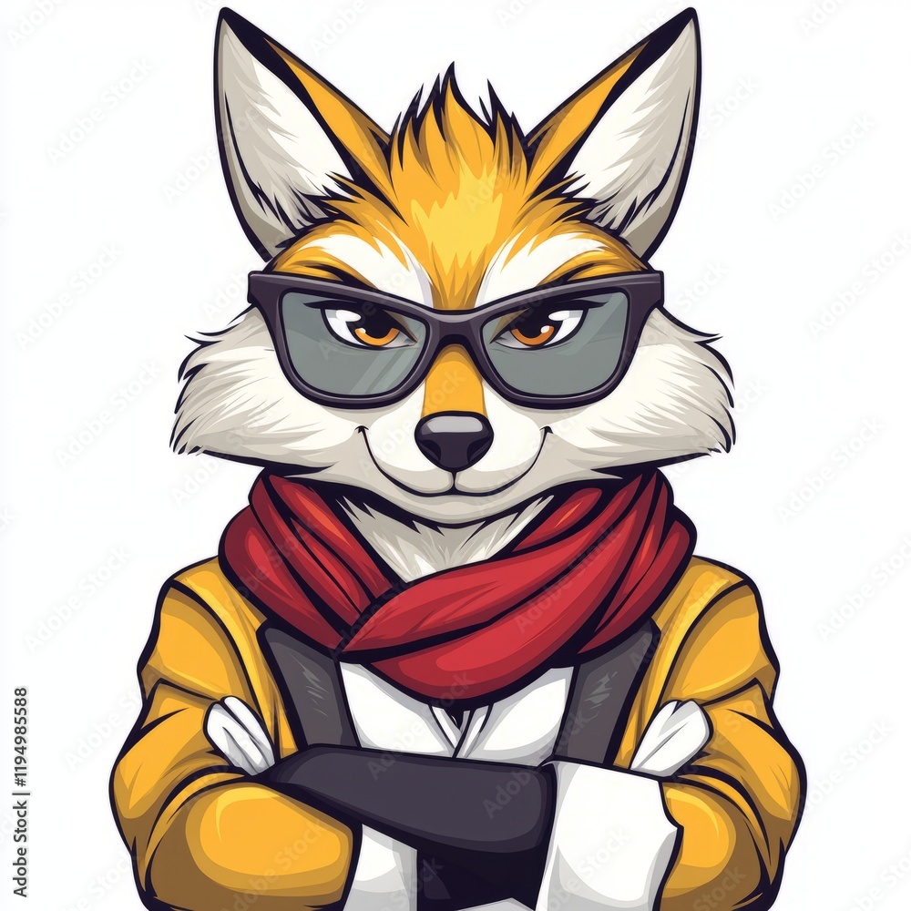 Fototapeta premium Stylish Fox Wearing Glasses and Scarf Arms Crossed