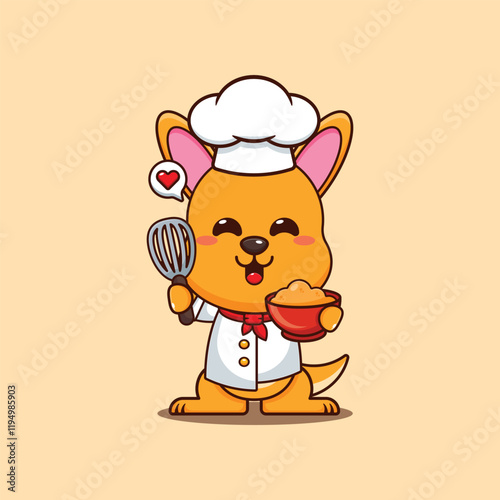 chef kangaroo mascot cartoon character with cake dough.