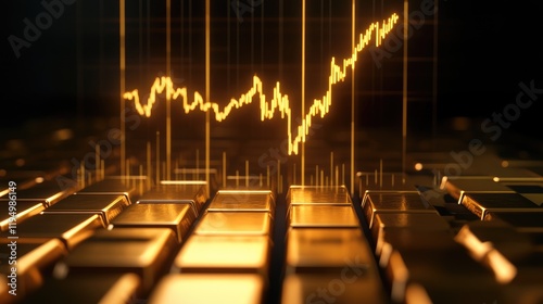 A glowing upward gold line graph symbolizing the rise in gold prices, set against a dark background with gold bars beneath, adding a visual financial theme.