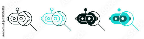 Turing test icon set. AI robot and magnifying glass. Technology or artificial intelligence concept.  Line, flat, black and color logo for web or mobile app. Modern style symbol. Editable vector stroke