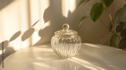 Elegant ceramic vase with soft floral arrangement, warm sunlight casting gentle shadows, perfect for home decor.