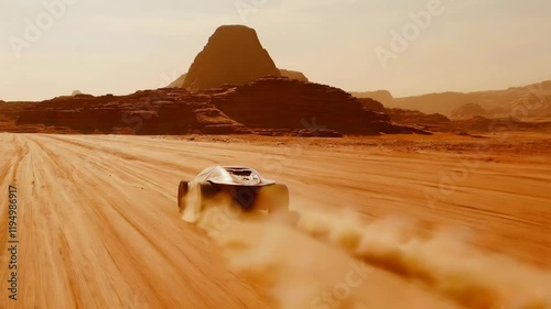 Futuristic Vehicle Driving Across Desert Landscape Sci Fi Dune Buggy Sand Dune Adventure
