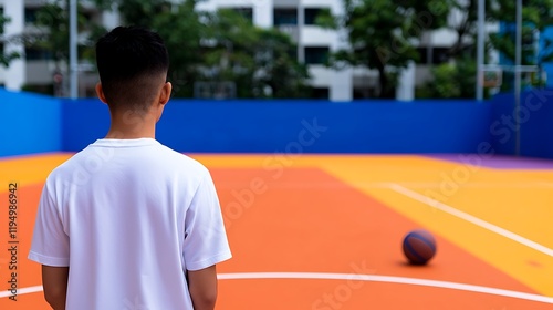 Young Man on a Colorful Basketball Court photo