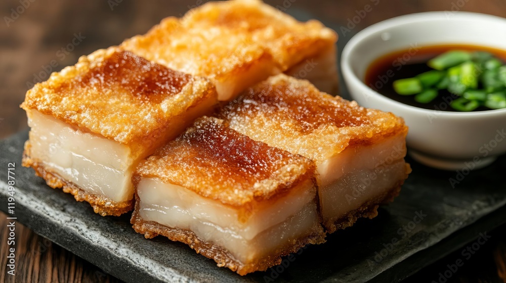 Pork belly tempura served with a light soy dipping sauce Pork belly tempura served with a light soy dipping sauce