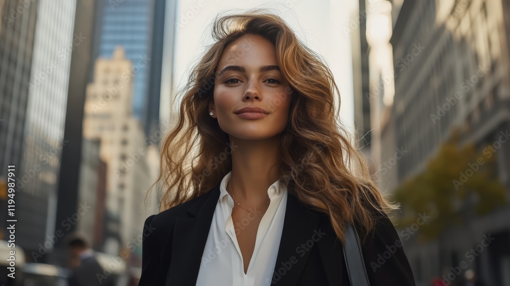 beautiful woman wearing professional business attire, walking confidently through a bustling commercial street beautiful woman wearing professional business attire, walking confidently through a bustling commercial street