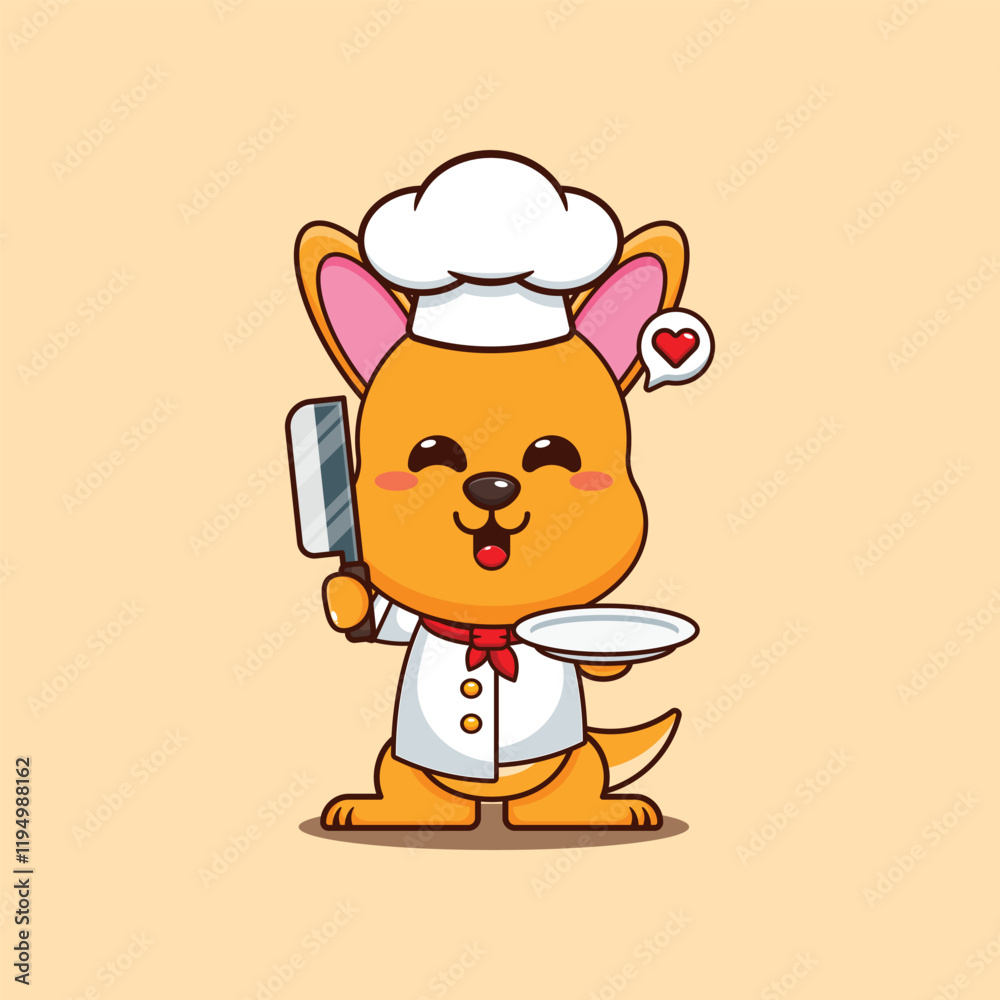 chef kangaroo mascot cartoon character with knife and plate. chef kangaroo mascot cartoon character with knife and plate.
