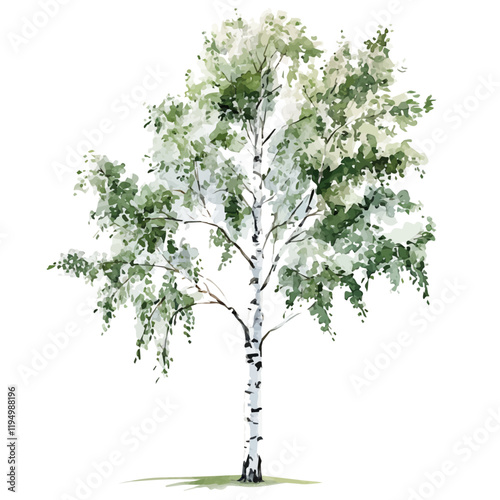 A watercolor vector painting of a Birch tree, isolated on a white background. Birch tree vector.

