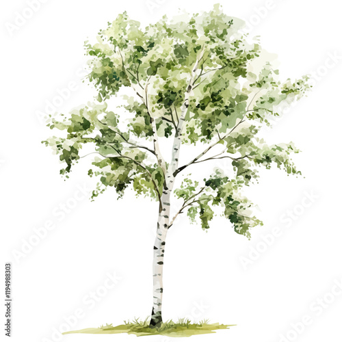 A watercolor vector painting of a Birch tree, isolated on a white background. Birch tree vector.

