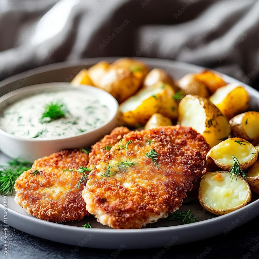 Pork schnitzel served with a side of creamy dill sauce and roasted potatoes Pork schnitzel served with a side of creamy dill sauce and roasted potatoes