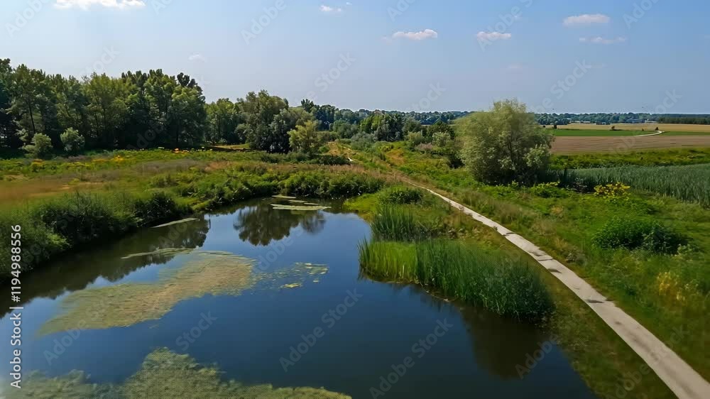 Tranquil riverbank view with lush greenery under a bright blue sky in a rural area during daytime