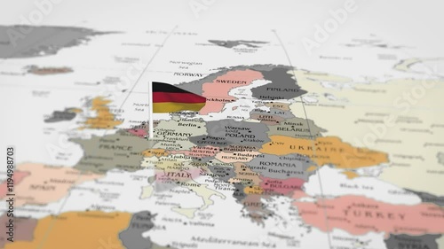 The camera rotating around Germany on the world map takes the focus. The Germany flag is waving. Germany flag waving on the map 4K Animation.