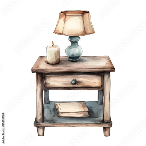 A watercolor vector painting of a bedside table with lamp and candle, isolated on a white background. Bedside table vector.

