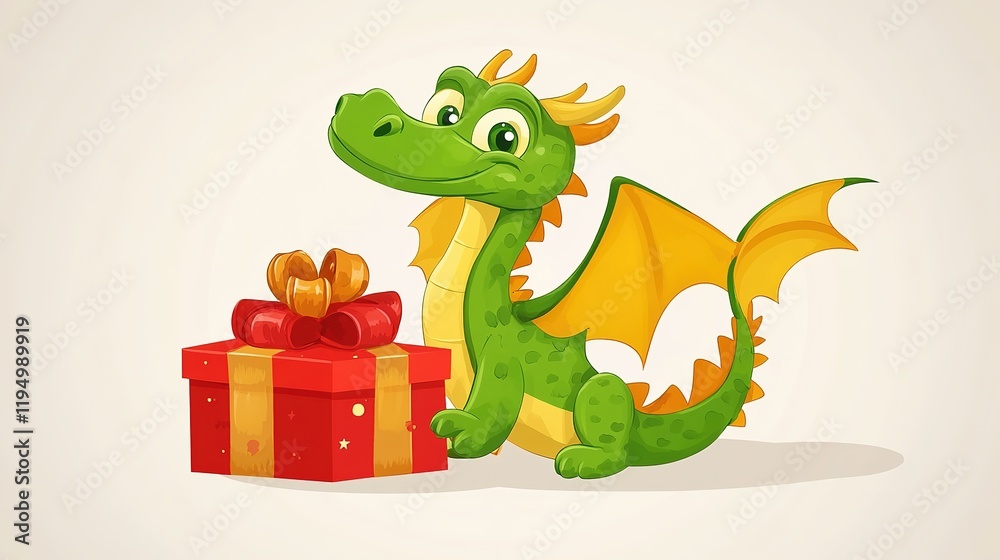 Naklejka premium Cute Green Dragon with Gift Box in Kids Book Illustration Style