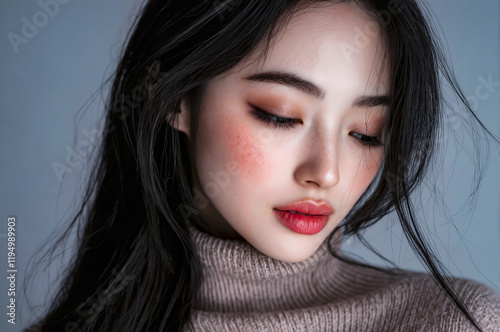 A woman with dark hair and red lipstick is wearing a sweater. She has a serious expression on her face