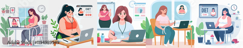 Fat Teenager Vector Set Attending Diet Class in Front of Laptop