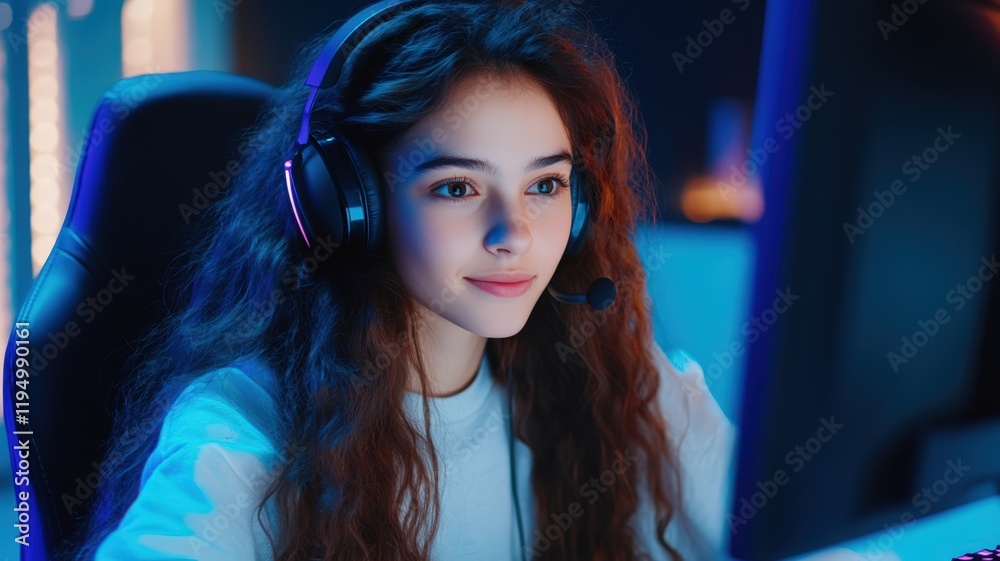 photo of a girl studying at the computer headphones photo of a girl studying at the computer headphones