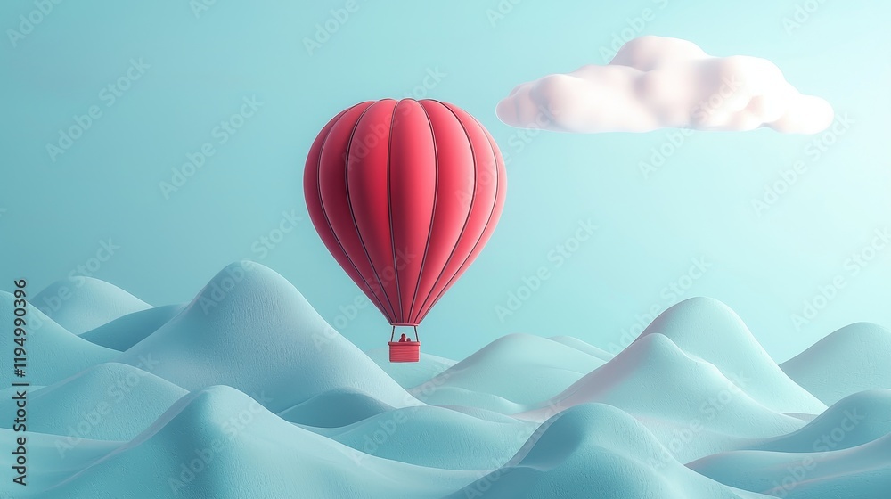 Obraz premium Colorful Hot Air Balloon Floating Above Soft Turquoise Waves and Cloud