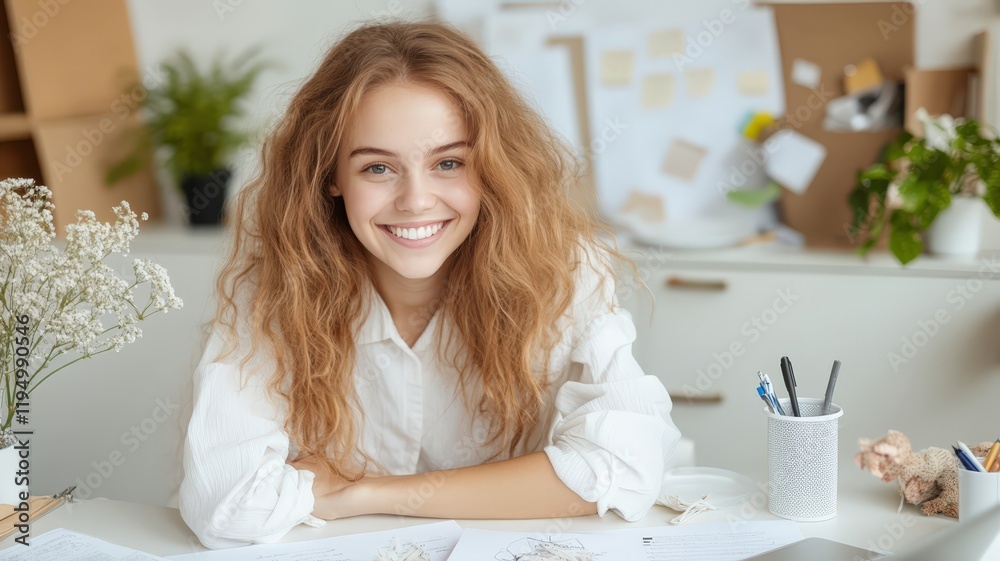 Photo of cheerful pretty cute nice girlfriend having been employed to job as executive smiling toothily sitting at desktop with laptop Photo of cheerful pretty cute nice girlfriend having been employed to job as executive smiling toothily sitting at desktop with laptop