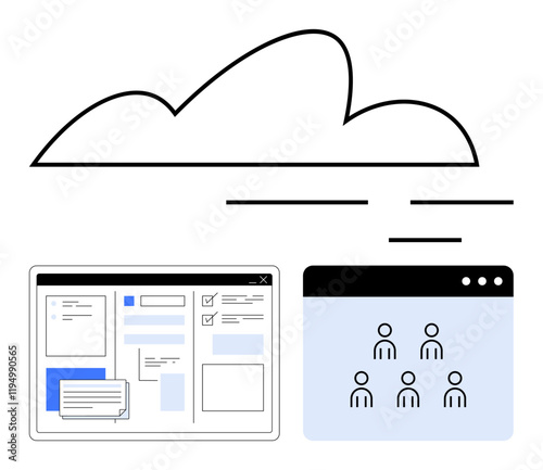 Cloud icon with a dashboard featuring forms, texts, and messages alongside a grid of six user icons. Ideal for teamwork, data management, remote collaboration, connectivity, technology, SaaS tools