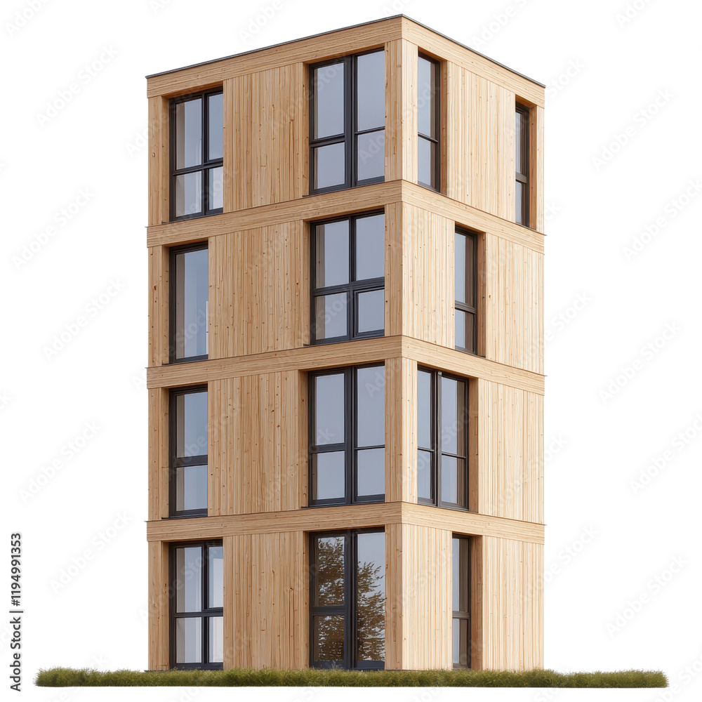 Passive House concept. Modern wooden building with large windows on a black background Passive House concept. Modern wooden building with large windows on a black background