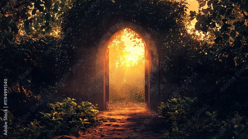 Fototapeta premium Enchanted Pathway Through Lush Greenery Towards Glowing Sunset