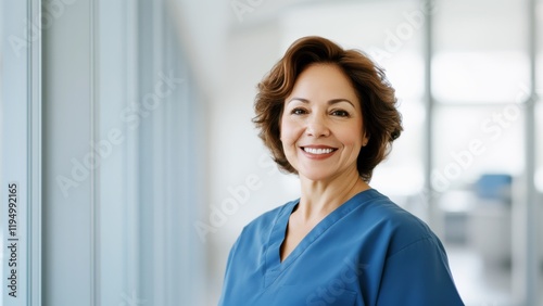Free Download smiling mature female medical professional in blue uniform at modern clinic, portrait of an experienced and compassionate healthcare worker - GFXLoad