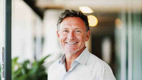 smiling mature businessman in casual attire standing in bright modern office, portrait of a confident and experienced professional ceo leader