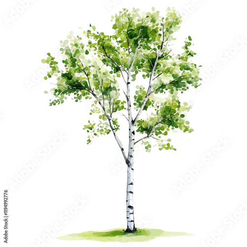 A watercolor vector painting of an Aspen tree, isolated on a white background. Aspen tree vector.

