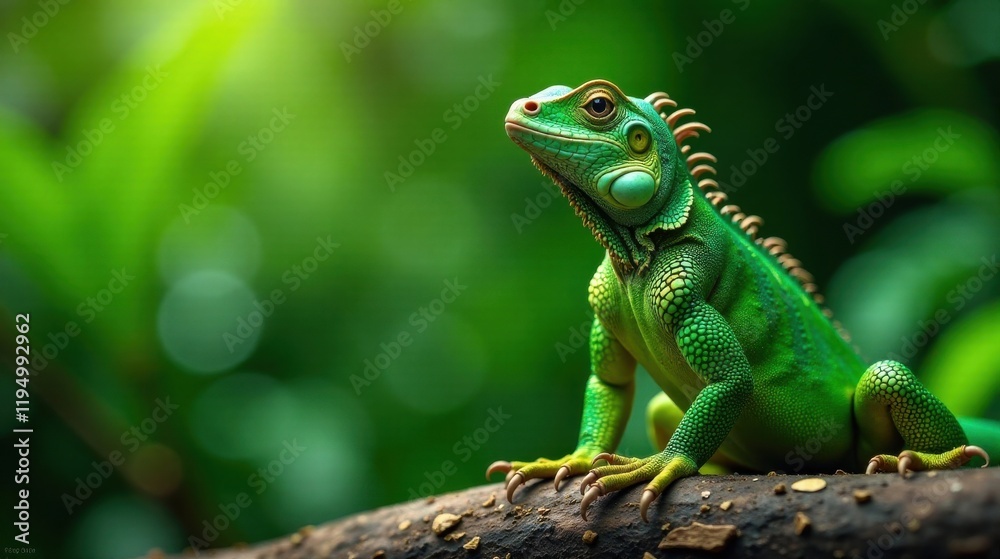 Fototapeta premium A vibrant green lizard perched on a branch, basking in the soft sunlight filtering through lush foliage, displays its intricate scales and captivating gaze.