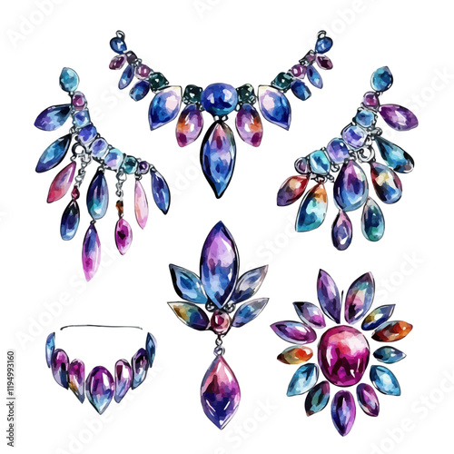 A watercolor vector painting of an artistic modern jewelry set, isolated on a white background. Artistic modern jewelry set vector.

