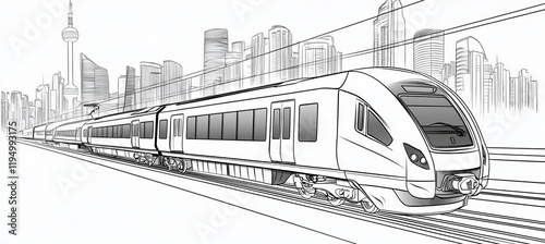 Modern High-Speed Train, Urban Transportation Concept Illustration in Line Art Style.