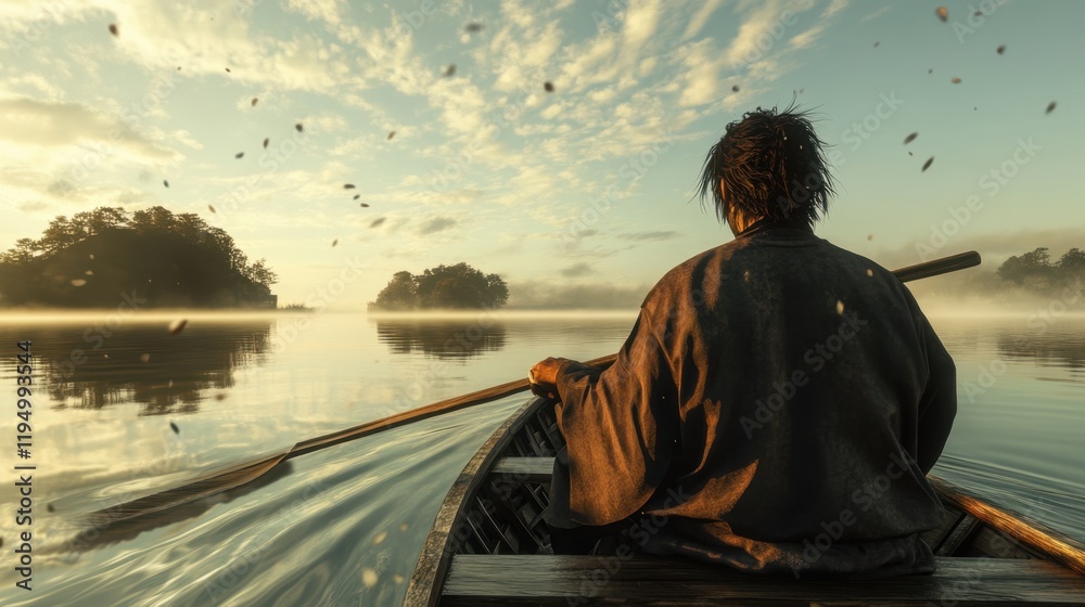 Fototapeta premium Person in a boat on water, viewed from behind representing adventure, solitude, journey, and self-reflection 