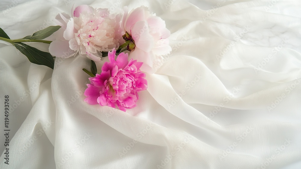 Flat Lay Banner Featuring a Bouquet of Pink Peonies on White Fabric: Spring Greeting Card Design with Copy Space for World Women's Day, Mother's Day, Valentine's Day, Birthday, and Wedding Concepts. Flat Lay Banner Featuring a Bouquet of Pink Peonies on White Fabric: Spring Greeting Card Design with Copy Space for World Women's Day, Mother's Day, Valentine's Day, Birthday, and Wedding Concepts.
