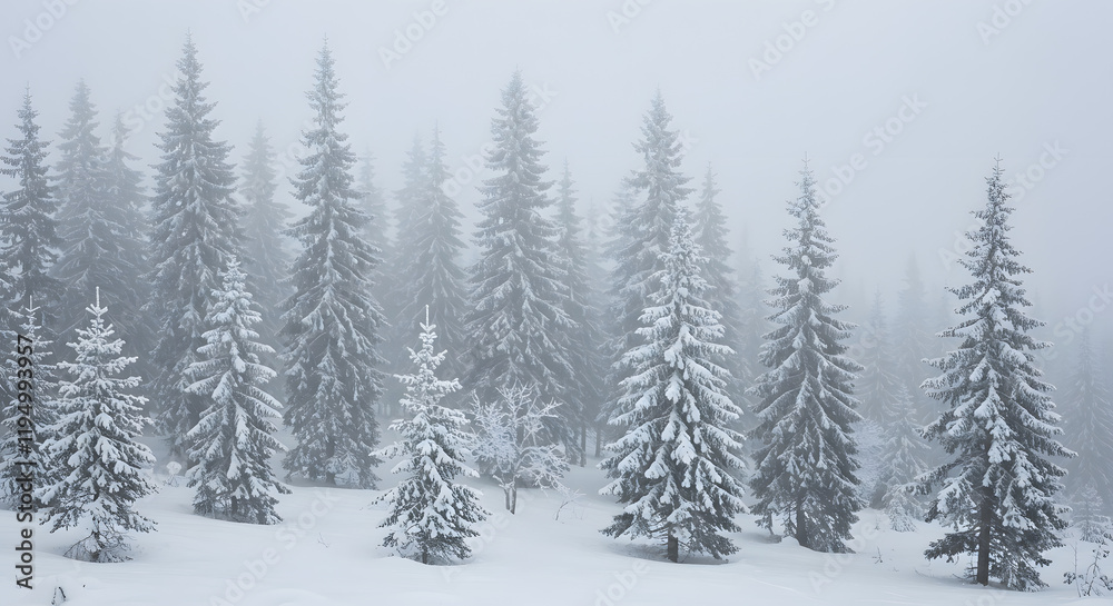 Frozen winter forest in the fog. Pine tree in nature covered with fresh snow Frozen winter forest in the fog. Pine tree in nature covered with fresh snow