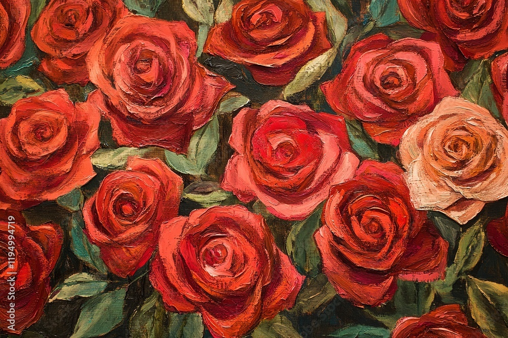 Obraz premium stylish oil acrylic illustration top view close-up many red roses flowers textured floral background