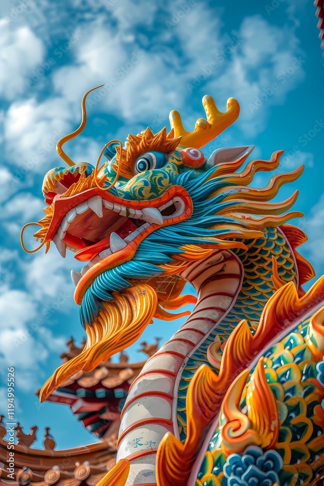 Closeup of colorful asian dragon statue against the sky. Chinese New Year, asian festival or parade, Dragon Boat Festival. Zodiac sign. Mythology concept Closeup of colorful asian dragon statue against the sky. Chinese New Year, asian festival or parade, Dragon Boat Festival. Zodiac sign. Mythology concept