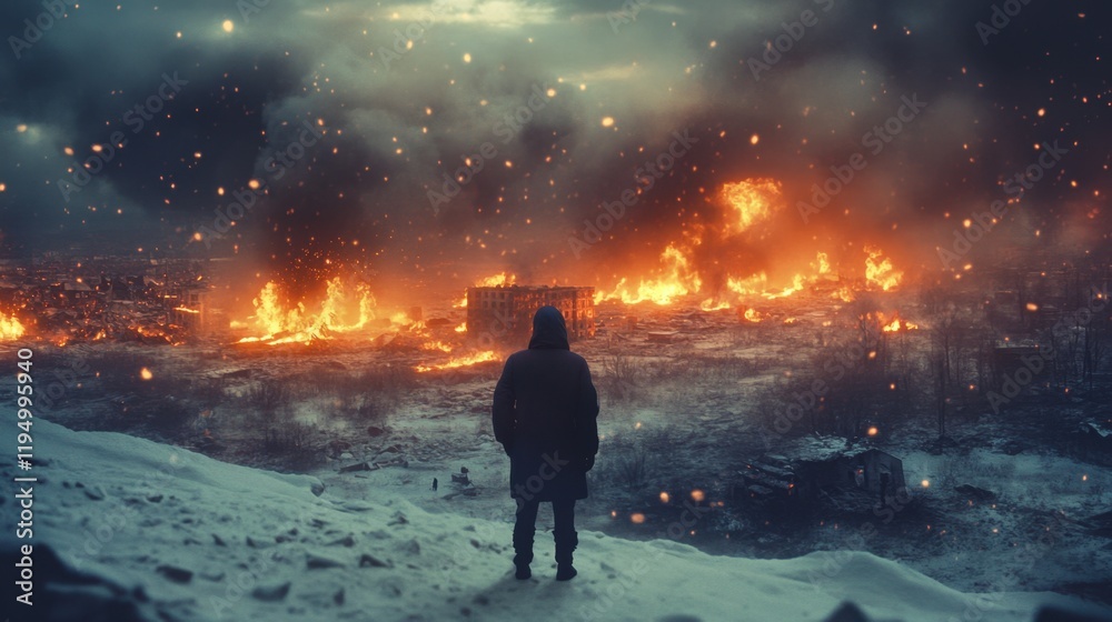 Obraz premium Man gazes at a war torn city in flames, capturing the essence of hopelessness and despair 