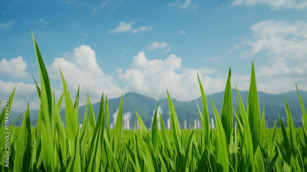 Obraz premium Lush green grass stretches towards a bright blue sky, framed by distant mountains, creating a serene and tranquil landscape.