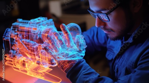 An employee using tactile feedback gloves interacts with a 3D holographic model of machinery manipulating parts virtually to understand assembly and disassembly processes better.