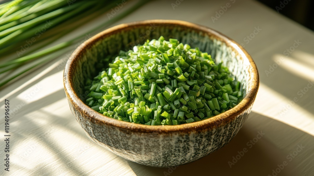 Bowl of finely chopped fresh green onions. Bowl of finely chopped fresh green onions.