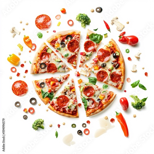 A deconstructed pizza with floating cheese pepperoni and vegetables